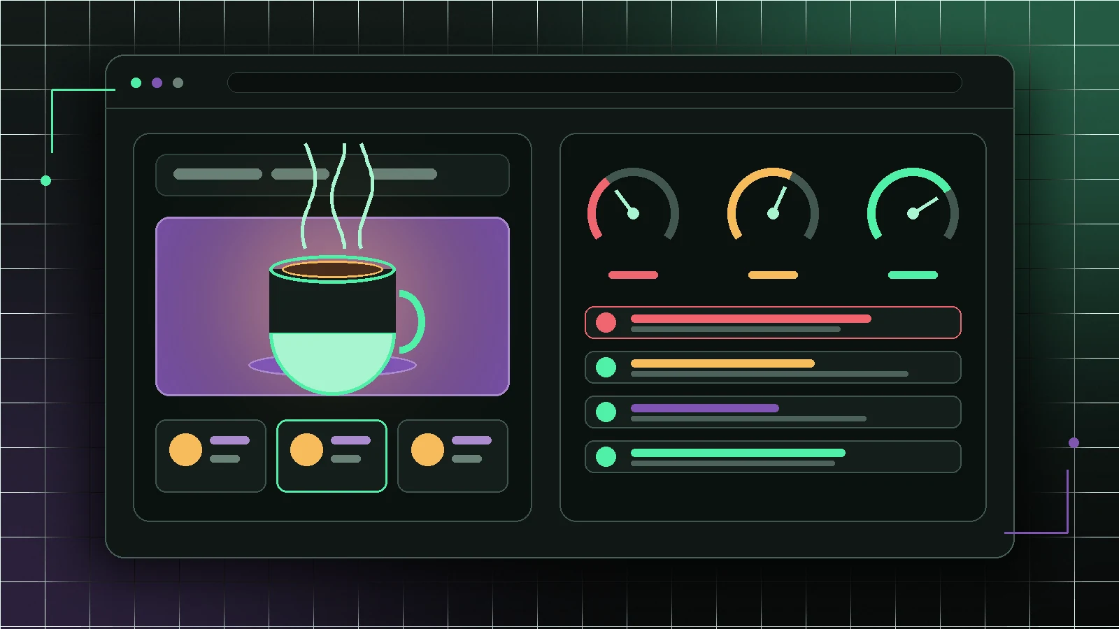Coffee store audit dashboard with performance gauges and a findings list